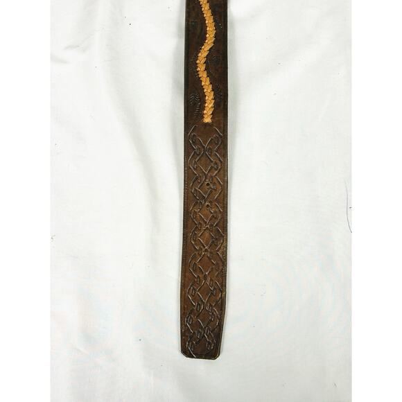 Tooled Leather Belt Leaf 2 Tone Western Design Brown Mens Sz 42 - Picture 3 of 4